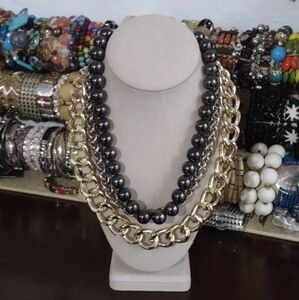 Juicy Couture Gold and Silver Toned Chains, Black Beaded Necklace